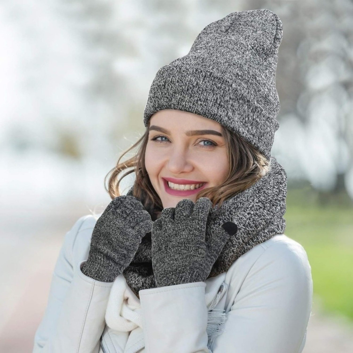 Winter Work Set – Knit Beanie, Neck Warmer & Touchscreen Gloves, Grey - Image 2