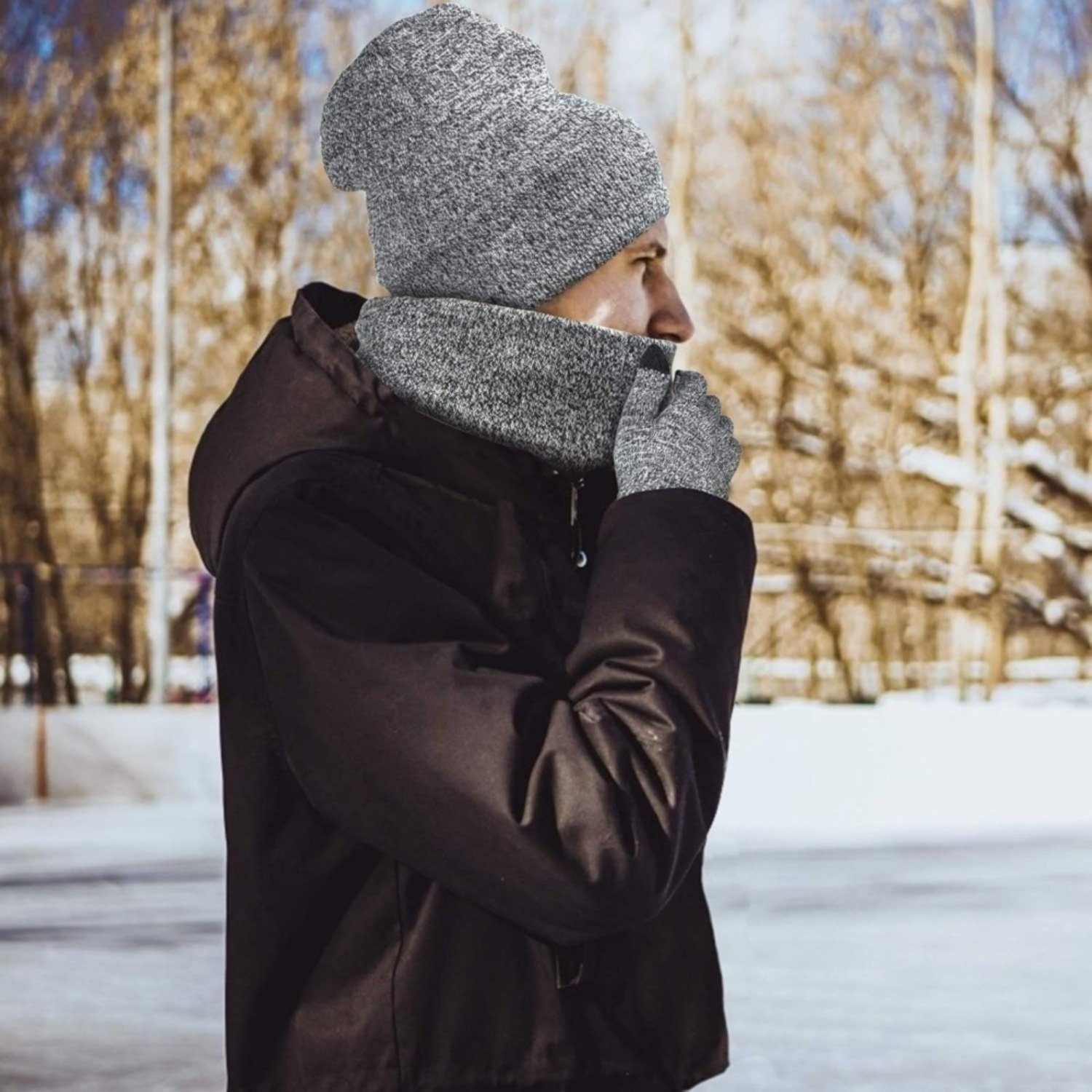 Winter Work Set – Knit Beanie, Neck Warmer & Touchscreen Gloves, Grey - Image 3