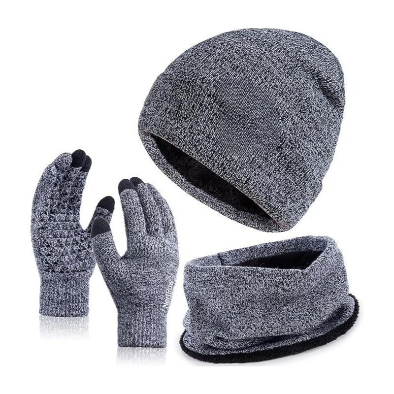 Winter Work Set – Knit Beanie, Neck Warmer & Touchscreen Gloves, Grey